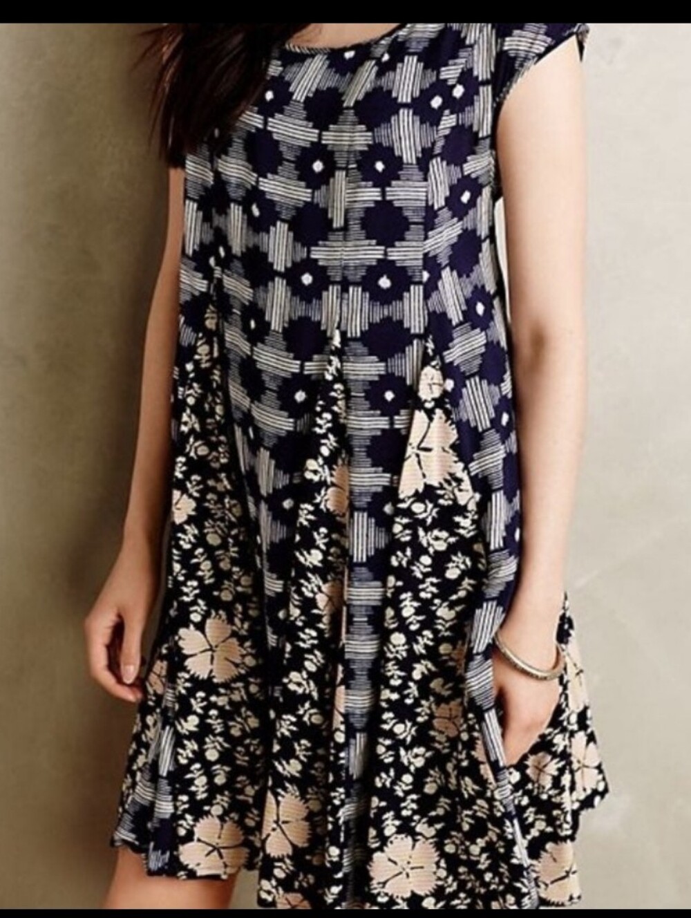 Anthro Small Dress Maeve Navy Dress with Cream and Blue Pattern